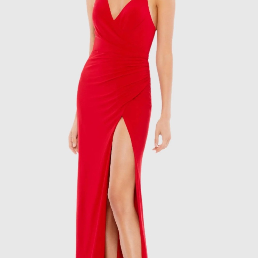 Mac Duggal Red Faux Wrap Pearl Strap Gown